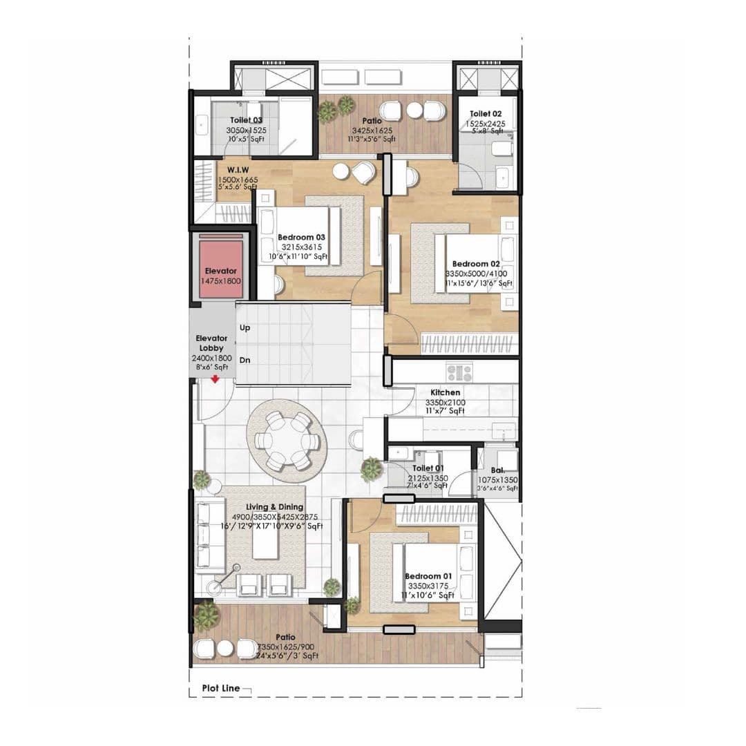 3BHK Type 1 Floor Plan