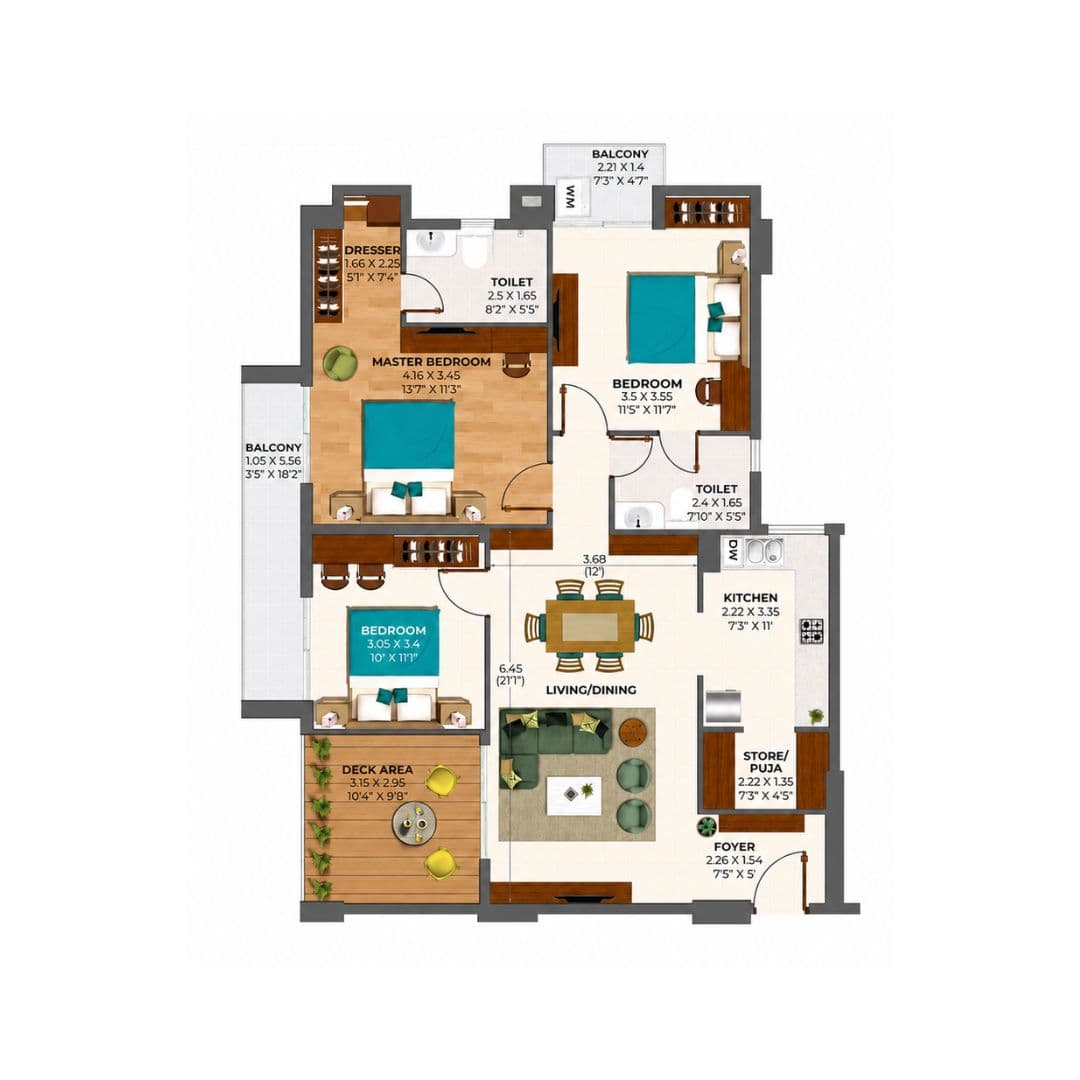 Ashiana Amarah Phase 3 3BHK+2T+Deck Floor Plan