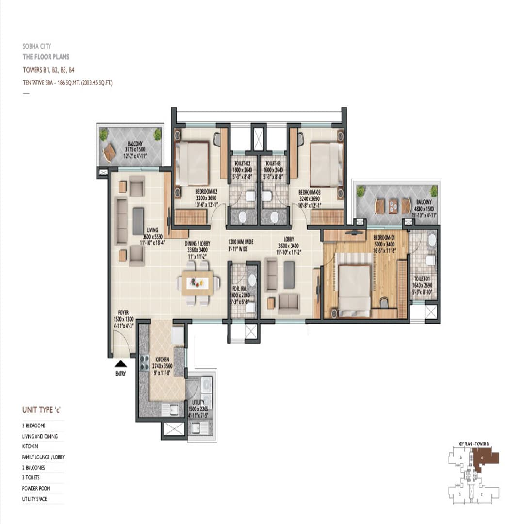2BHK Floor plan of Sobha City 108 Gurgaon