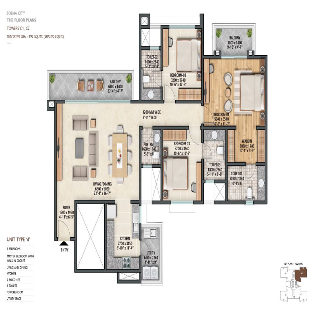 3BHK Floor Plan Sobha City 108