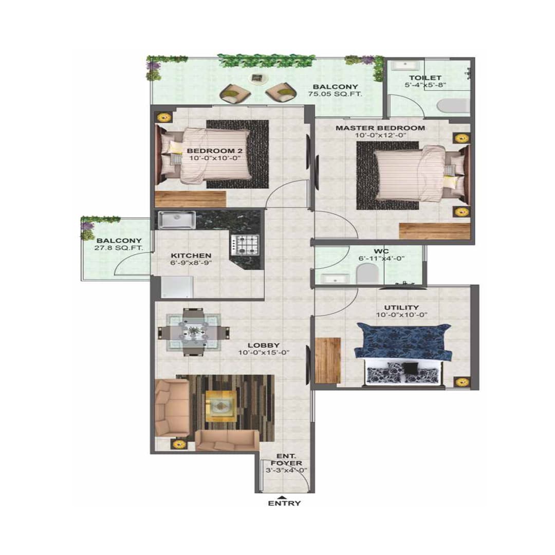 2BHK Floor plan of Conscient Habitat Prime