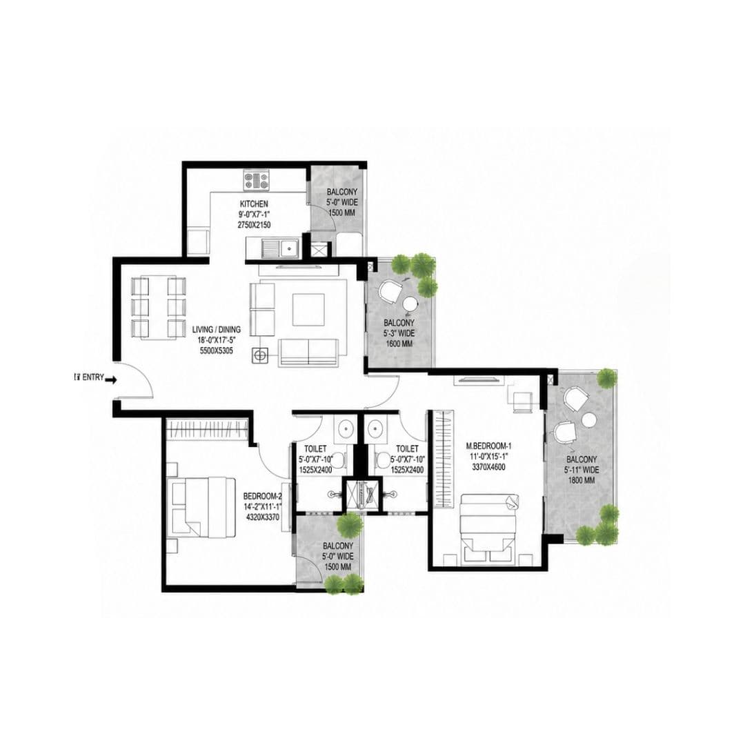 Godrej Serenity 2BHK + Study Apartment