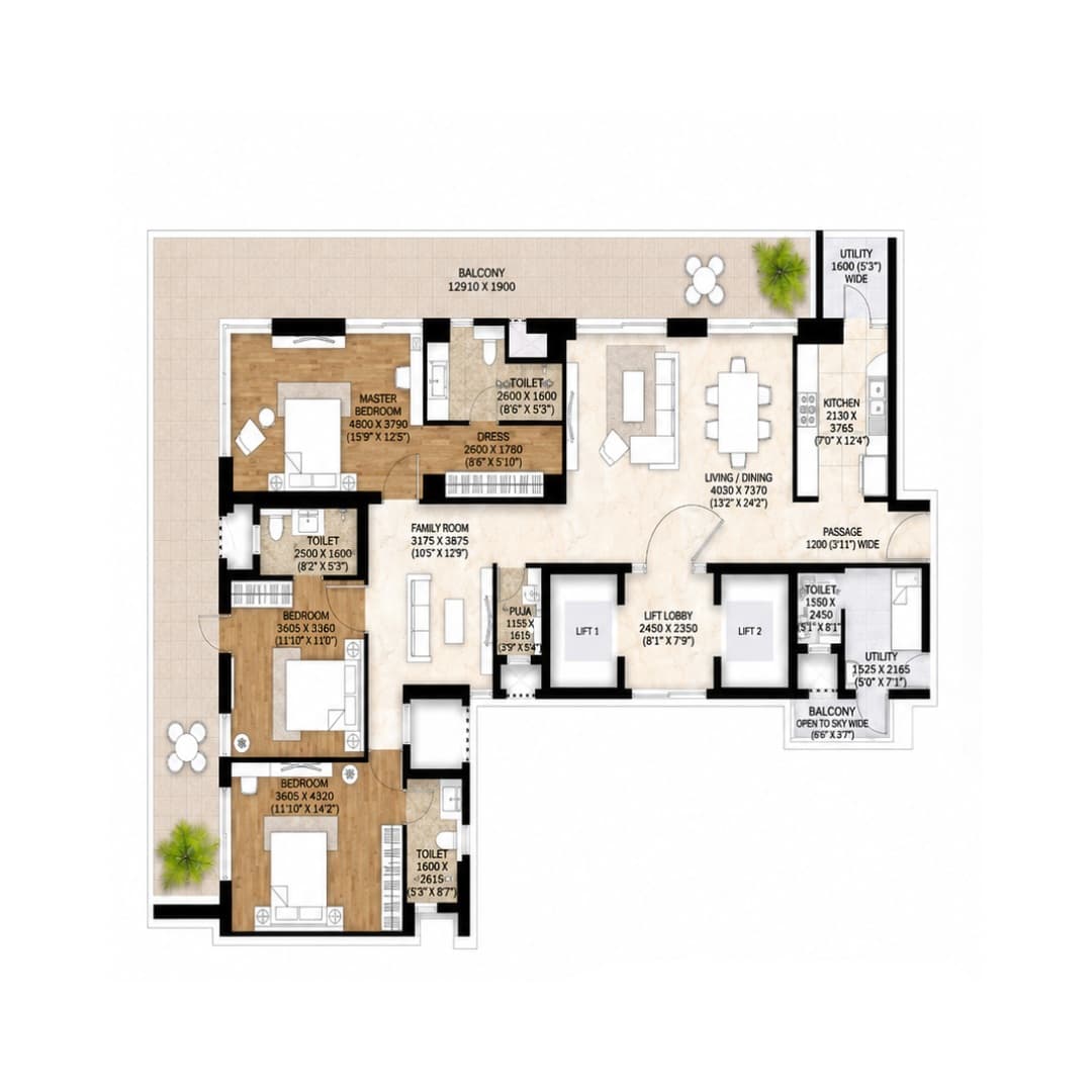 Mahindra Luminare 59 3BHK-A Floor Plans