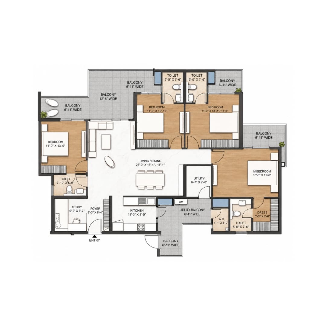 M3M Crown 4 BHK +Utility floor plan