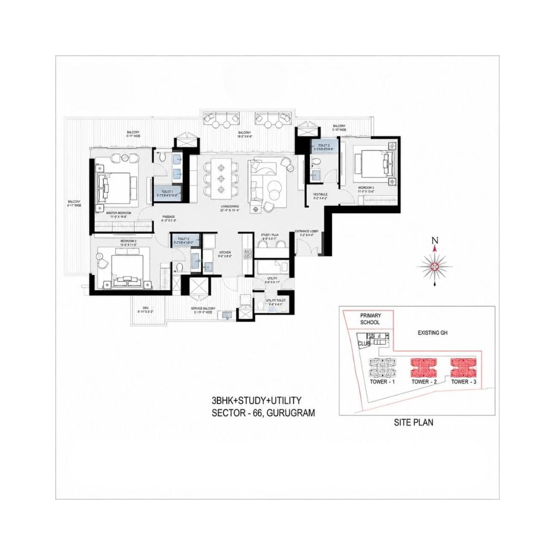 bptp downtown 66 3BHK Floor Plan