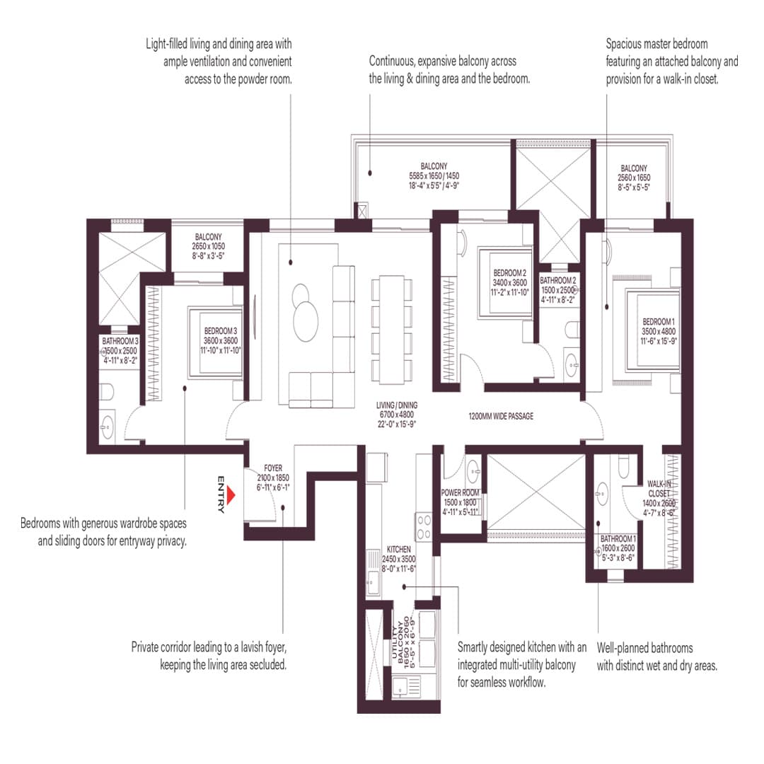 bptp downtown 66 3BHK Floor Plan