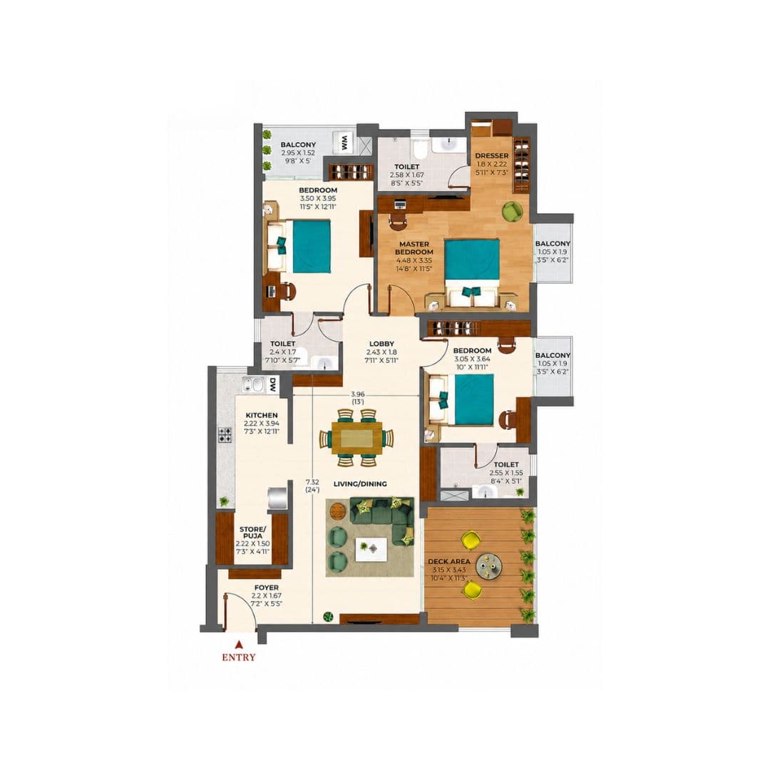 Ashiana Amarah Phase 3 3BHK+3T+Deck Floor Plan
