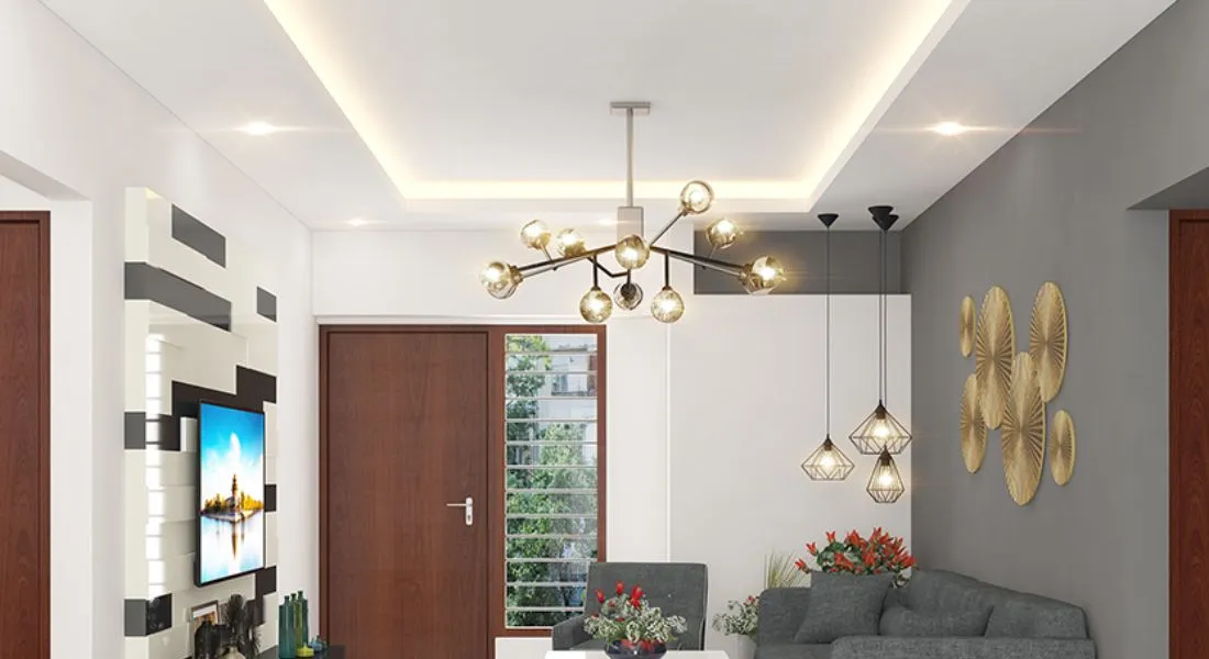 Simple False Ceiling Design For Hall with Hanging Lights